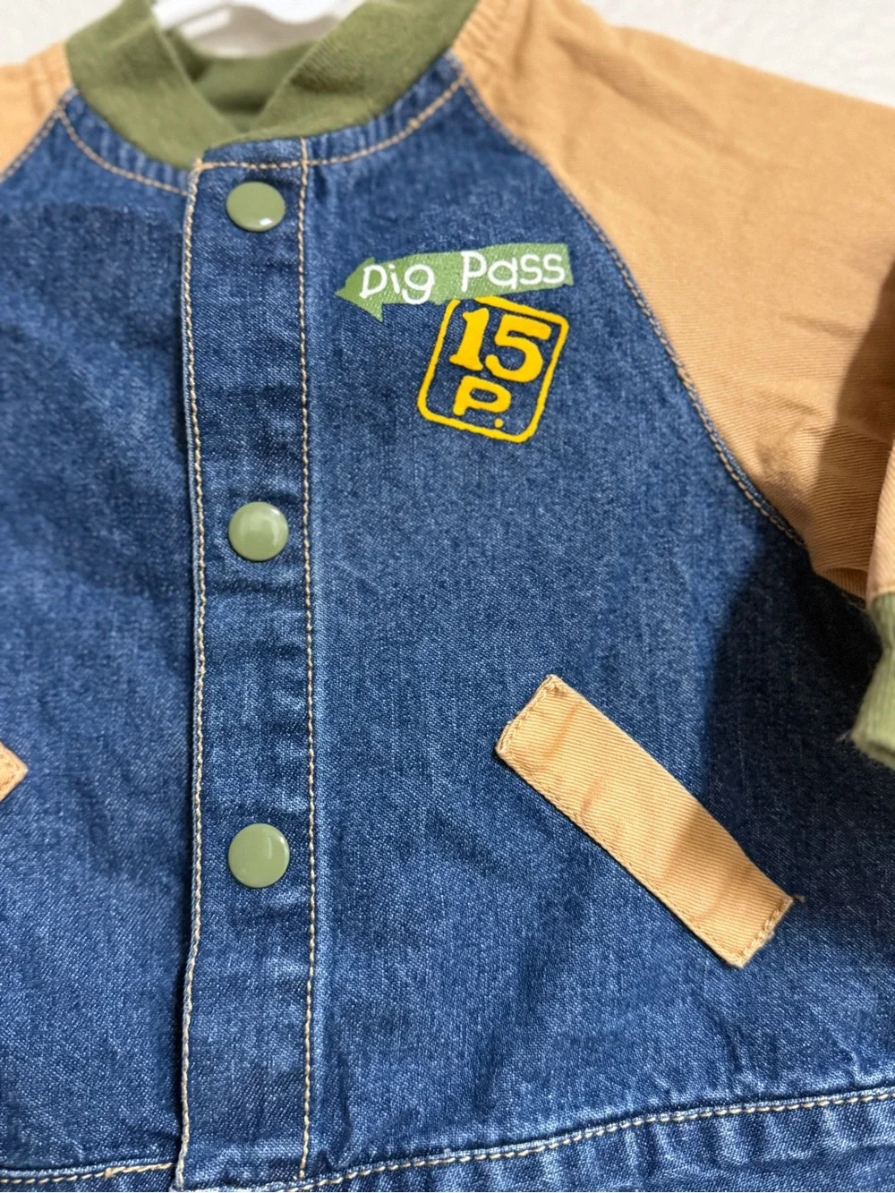 Kids Dino Explorer Denim Jacket - Green & Tan